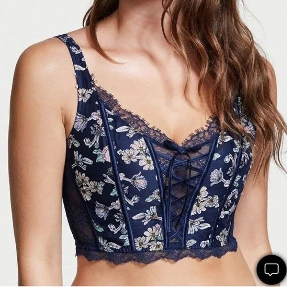 Victoria’s Secret Corset Bra Top Size Medium Navy Floral Lace Dream Angels